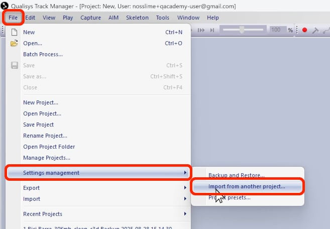 Importing settings from another project